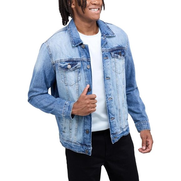 Mens Medium Blue Denim Jacket Washed Ripped Distressed Stretch Casual Trucker - Picture 6 of 9